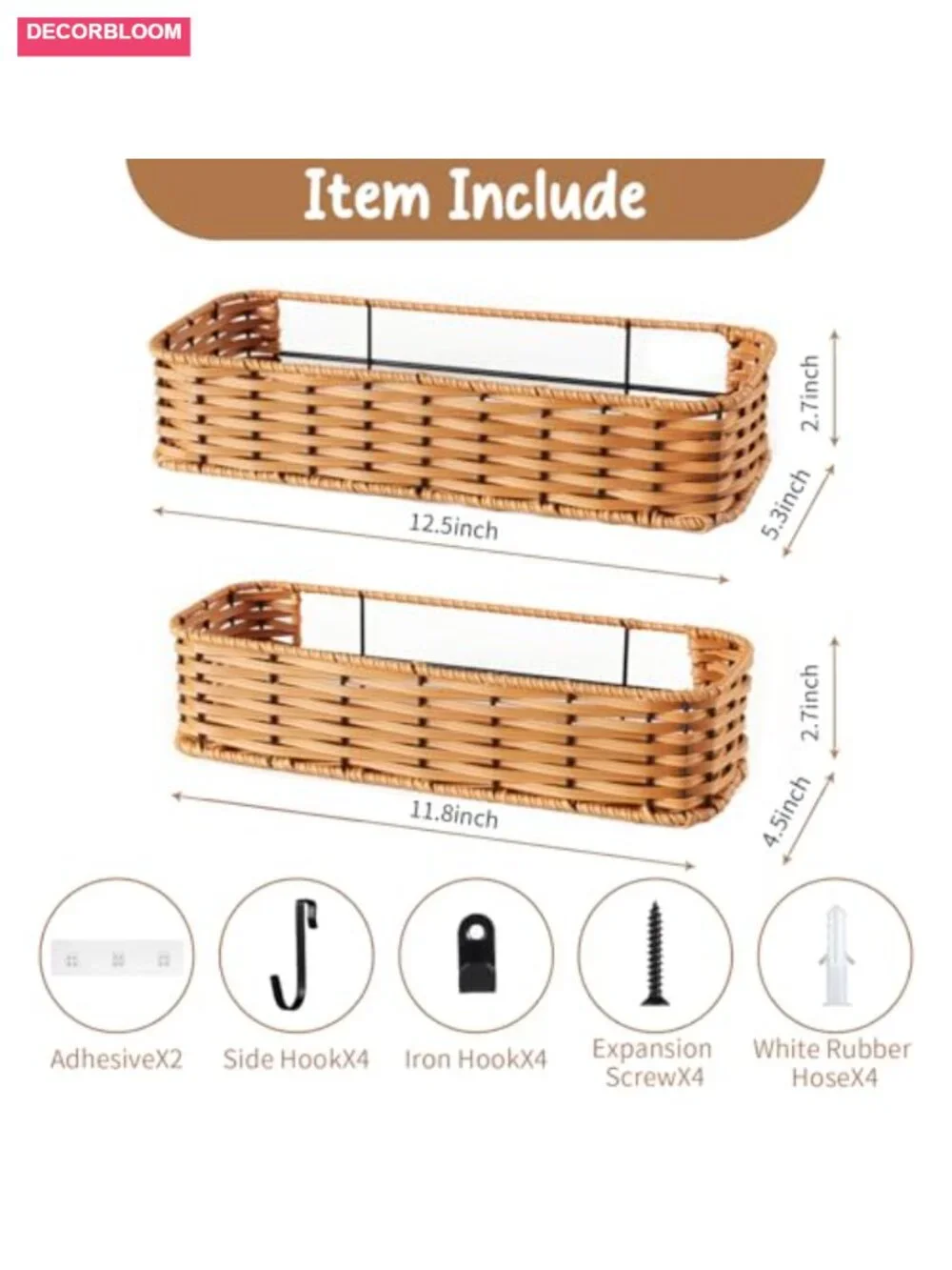 2-Pack Adhesive Wall-Mounted Wicker Baskets, Plastic Storage Organizer for